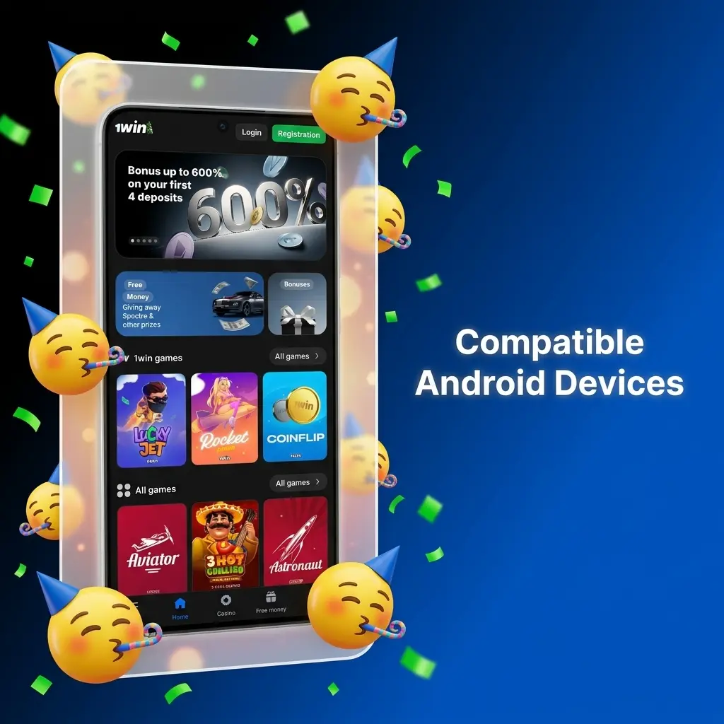 List of compatible Android devices for 1win app in India including Samsung, Redmi, Realme, OnePlus, OPPO, Vivo and Motorola