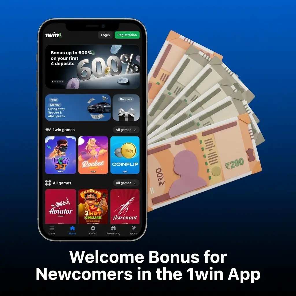 1win app welcome bonus for newcomers offering 500% up to INR 180,000 on first deposit for sports or casino